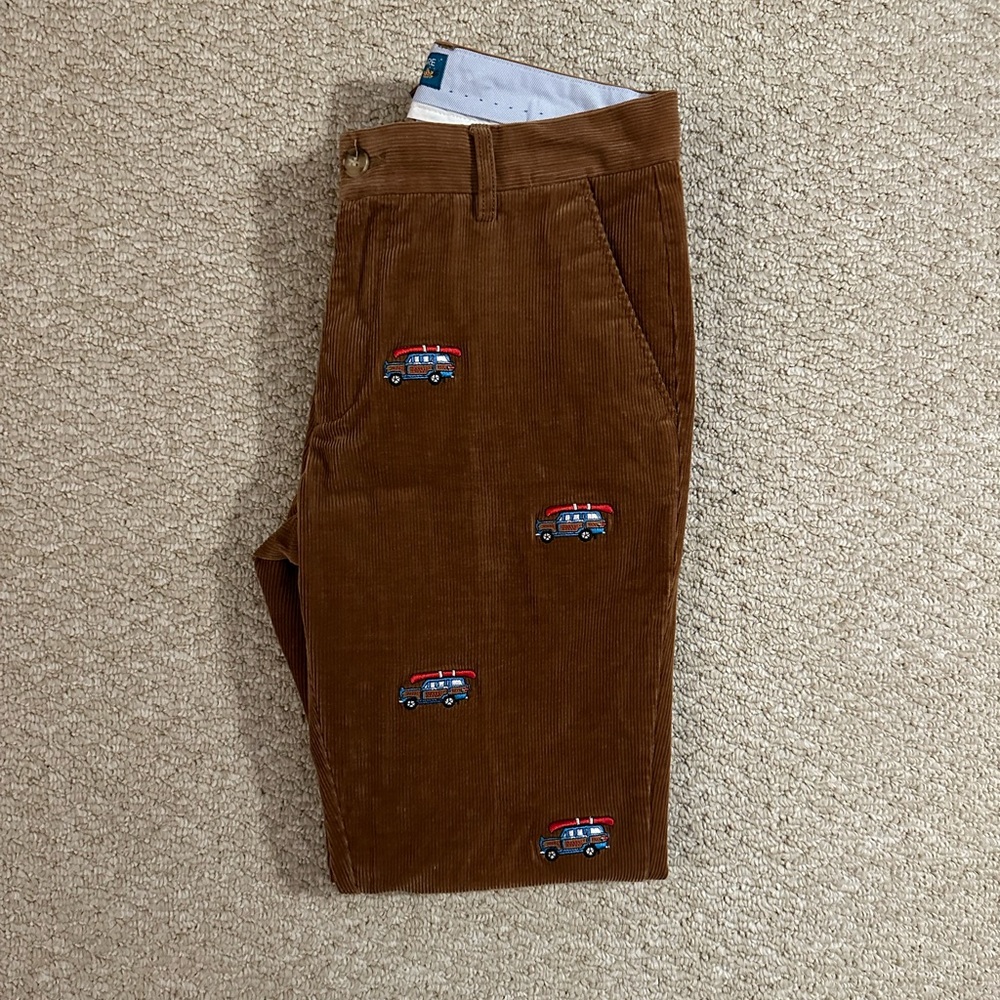 Kiel James Patrick Tan Corduroy Pants with Car Embroidery